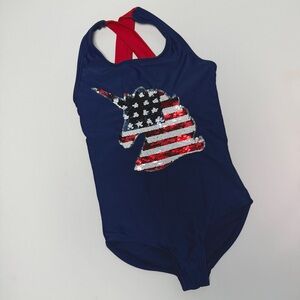 Girls’ Patriotic Sequin Unicorn One-Piece Swimsuit - Size 5